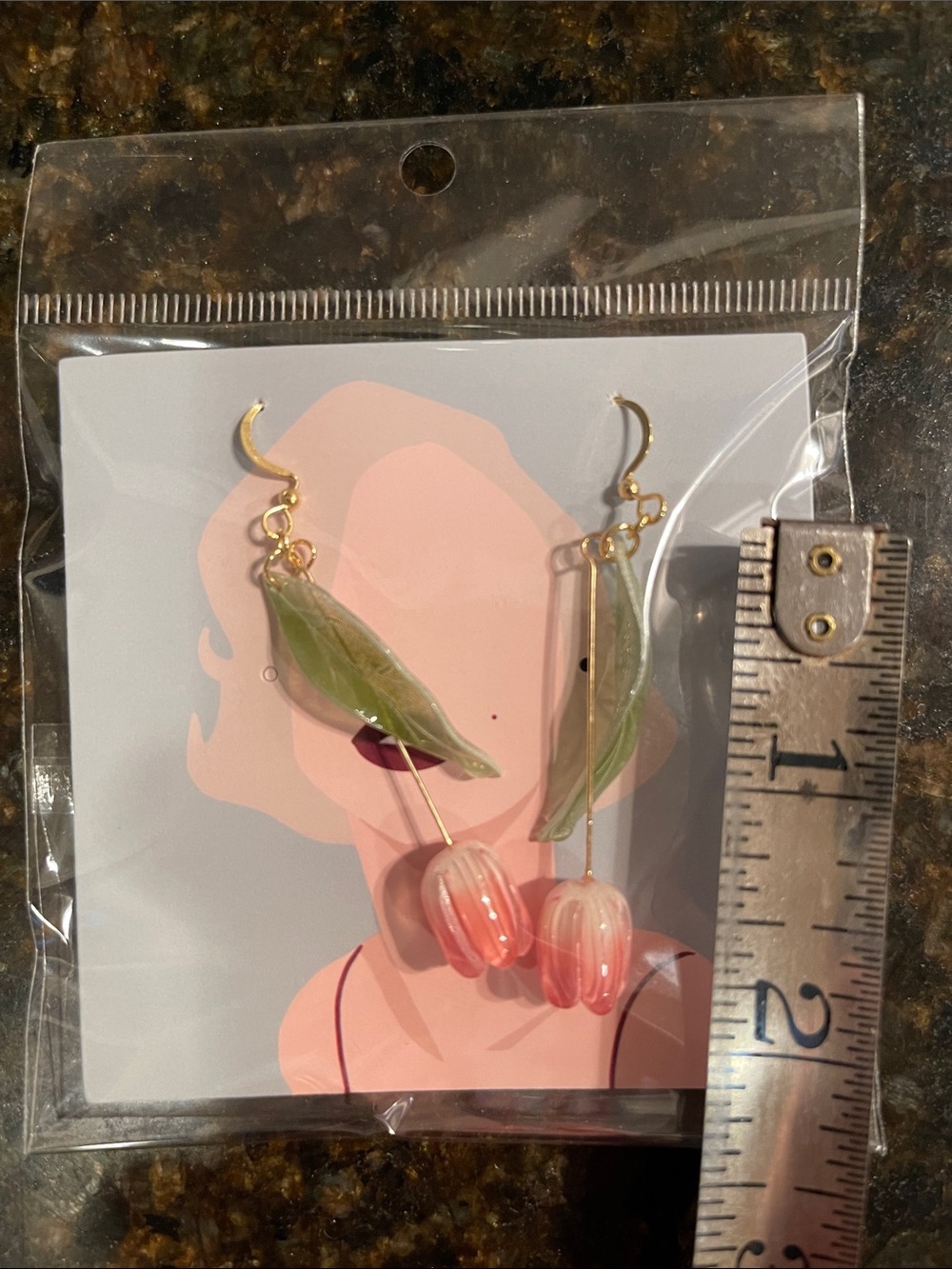 Pink Tulip Drop Earrings with Green Leaf Accents